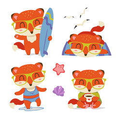 vector summer sea fox cartoon set