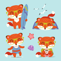 vector summer sea fox cartoon set