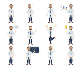 Doctor emoji set on white background. Happiness and anger.