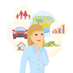 Isolated dreaming businesswoman with dream bubbles with family, money, car and more.