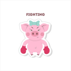 Obraz na płótnie Canvas Ready to fight pig. Isolated cute sticker on white background.