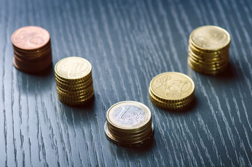 Euro money. Coins are isolated on a dark background. Currency of Europe. Balance of money. Building from coins. Coins of different values