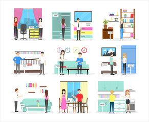 Furniture store interior. Buying bed, sofa, kitchen and others on white background.