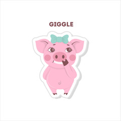 Giggling pig sticker. Isolated cute emoji on white background.