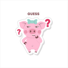 Guessing pig sticker. Isolated cartoon sticker. Funny pig with question marks.