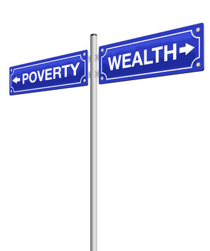 WEALTH and POVERTY, written on two road signs in opposite directions, symbolic for rich and poor life. Isolated vector illustration on white background.