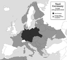 Nazi Germany at its greatest extent during WWII in 1942 - with german allies and states under german occupation. Historical black and white map of Europe with todays state borders.