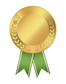 Isolated golden medal on white background. Award with ribbon.