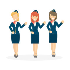 Stewardesses crew on white background. Flying attendant crew.