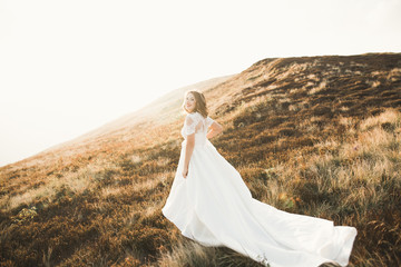 Fototapeta na wymiar Beautiful bride with a bouquet on mountain background at sunset