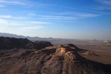 View to the Zoroastrian temples ruins and the Tower of Silence in Yazd, Iran.