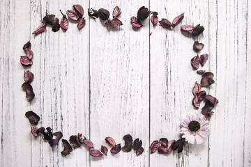 Retro vintage white painted wood floor dried flower frame background template