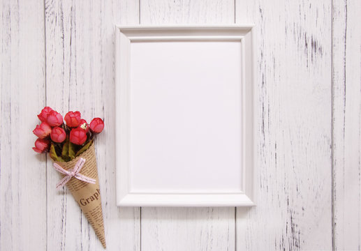 Stock photography white frame vintage painted wood floor red rose flower template background