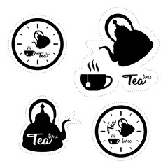 Set of four labels with silhouettes of clocks, tea pots and cups