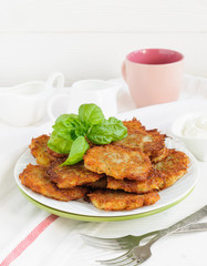Potato pancakes and cup of milk