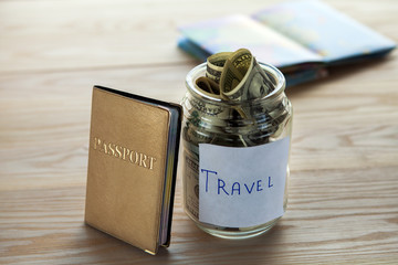 objects for travel isolated on a wooden backgroun