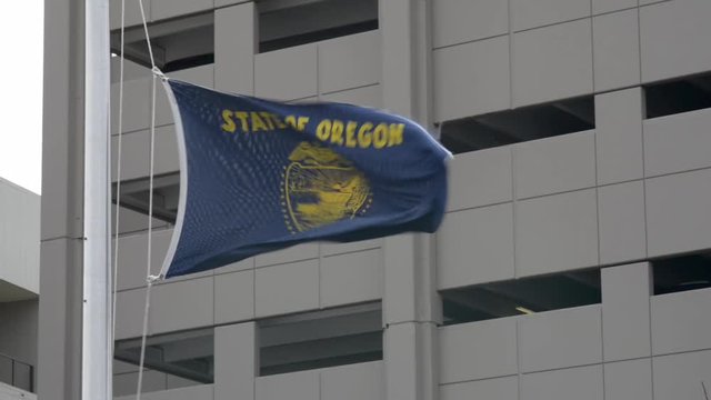 The State of Oregon flag billowing in in strong winds with a building in the background.