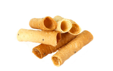 Crispy golden curl, Thai say Tong Muan. Thai dessert coconut crispy roll with black sesame.