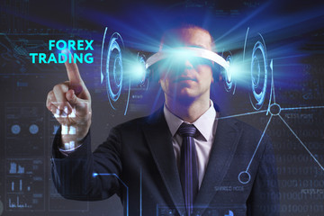 Business, Technology, Internet and network concept. Young businessman working in virtual reality glasses sees the inscription: Forex trading