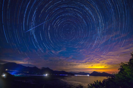 Startrails north pole tracks in the sky