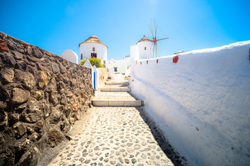 Abstract architecture of cycladic aegean traditional buildings, windmills, Santorini, Greece.