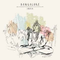 Bangalore, Karnataka, India. Shiva statue at Shiva temple. Vintage hand drawn postcard