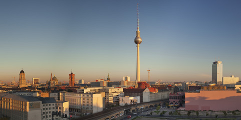 View over Alexanderstrasse to TV Tower, Rotes Rathaus (Red Town Hall), Hotel Park Inn and Alexa shopping center, Berlin, Germany