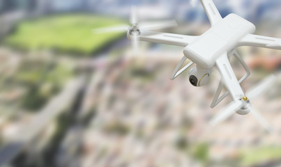 Drone o quadricottero in volo con visione città, 3d render