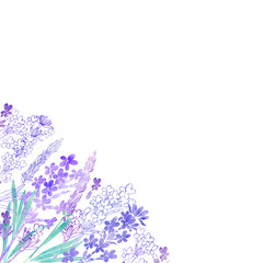 Floral background with  lavender flowers and place for text. Watercolor illustration on a white background. Invitation, greeting card or an element for your design.