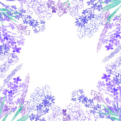 Fototapeta na wymiar Watercolor lavender flowers on a white background. Round floral frame. Invitation, greeting card or an element for your design.
