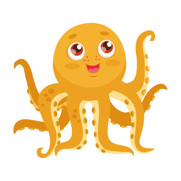 Vector Octopus Tentacle. Cartoon Yellow Octopus Vector. Funny Smiles Octopus Baby. Cute Marine Character On A White Background.