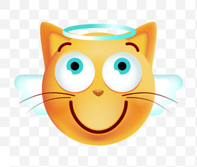 Cute Angel Emoticon Cat on White Background. Isolated Vector Illustration 
