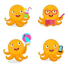 Cartoon Yellow Octopus Vector Set. Vector Octopus Tentacle. Vector Octopus Cartoon Character Illustration. Summer Travel Illustration Mascot.