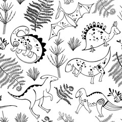 Dinosaurs and ancient plants, isolated elements for design on a white background. Vector set, hand drawn illustration.