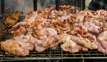 Street food in Thailand. Sales of pork, grilled or BBQ grill with charcoal. Shops in this style very popular with tourists and Thailand people.This store can be seen everywhere in Thailand.