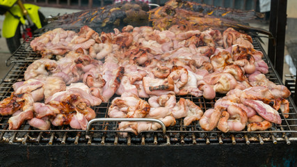 Street food in Thailand. Sales of pork, grilled or BBQ grill with charcoal. Shops in this style very popular with tourists and Thailand people.This store can be seen everywhere in Thailand.