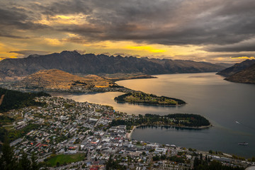 Cityscape of Queenstown and Lake Wakaitipu with The Remarkables in the background from viewpoint at...