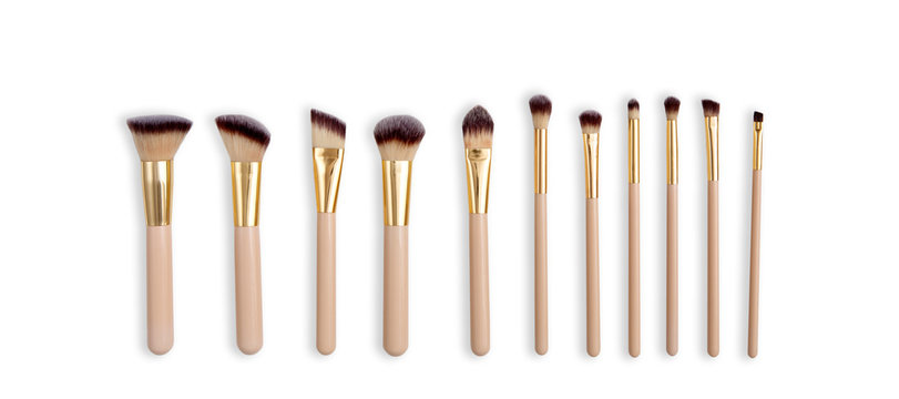 Cosmetics, beauty, make-up brushes set in row