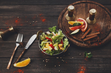 Vegan and vegetarian indian restaurant dish, fresh vegetable salad