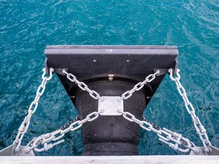 Obraz premium Closed up the new marine rubber fender for protection during the big vessel to alongside at the port .