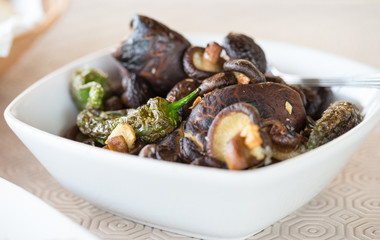 Shiitake Mushrooms with Padron Peppers, Appetizers ready to eat.