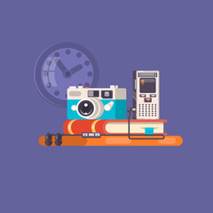 Fototapeta premium Journalist, paparazzi profession. Journalist workspace with tools and devices. Flat illustration