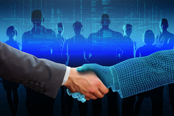 businessman shaking hand with 3d wireframe hand