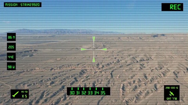 Viewfinder of a military helicopter / plane looking for a target to shoot and bomb. Desert area.