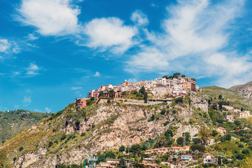 Fototapeta na wymiar Castelmola village as seen from Taormina, Sicily