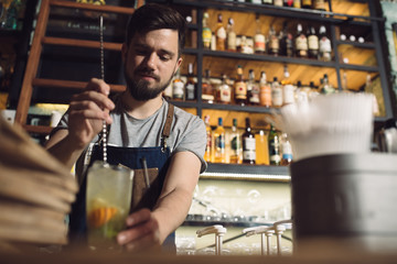 Young male bartender preparing an alcohol cocktail