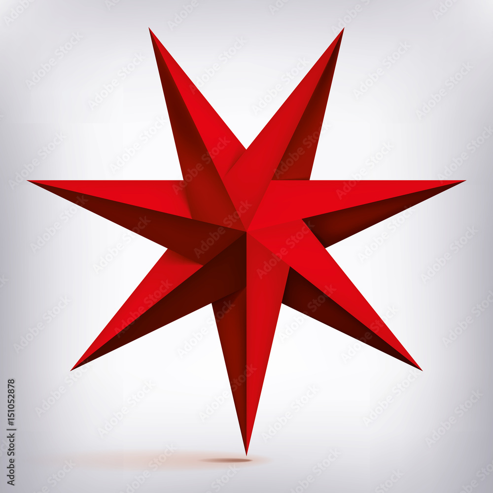 Poster volume seven-pointed twisted star, 3d object, red geometry shape, mesh version, abstract vector