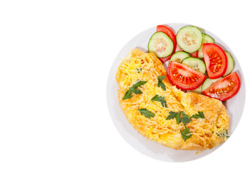 Omelet with cheese and vegetables. top view. isolated on white