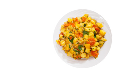stewed vegetables. zucchini, peppers, onions, carrots, potatoes. top view. isolated on white