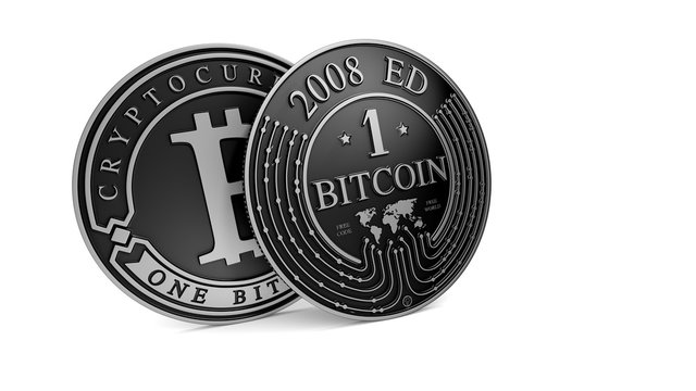 Silver and Platinum Bitcoin coin. 3D rendering. Paths included
